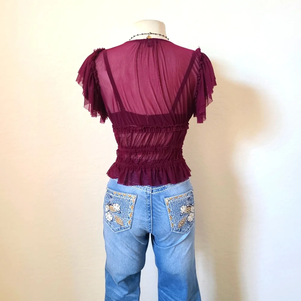💜2 for 25$ Purple/Maroon Sheer Crop Top Blouse With Ruffles NWT,  Boho, Bold - Picture 2 of 7